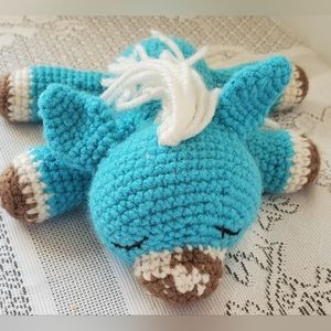 Handmade Crocheted Sleepy Horse Plush Baby Lovey Stuffed Animal Toy Blue 8"